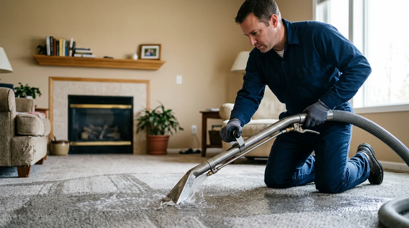 Water damage restoration technician working in a home in South Dakota
